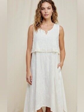 FEELINGS White Embroidered Rayon Boho Maxi Dress Crochet Trim Sz O/S NWOT